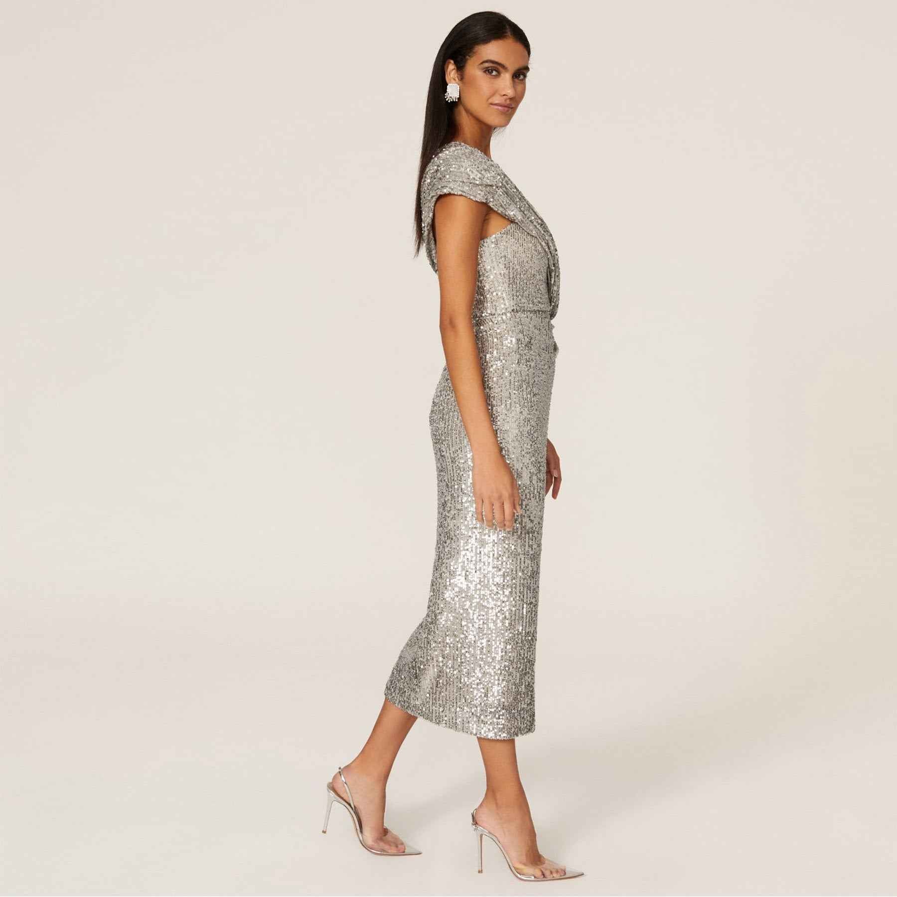 Sequin Midi Dress - White Short Sleeve Round Neck Party