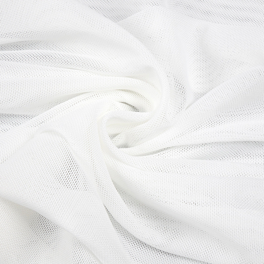 Sheer Mesh Backless Dress - White Halter Long Sleeve