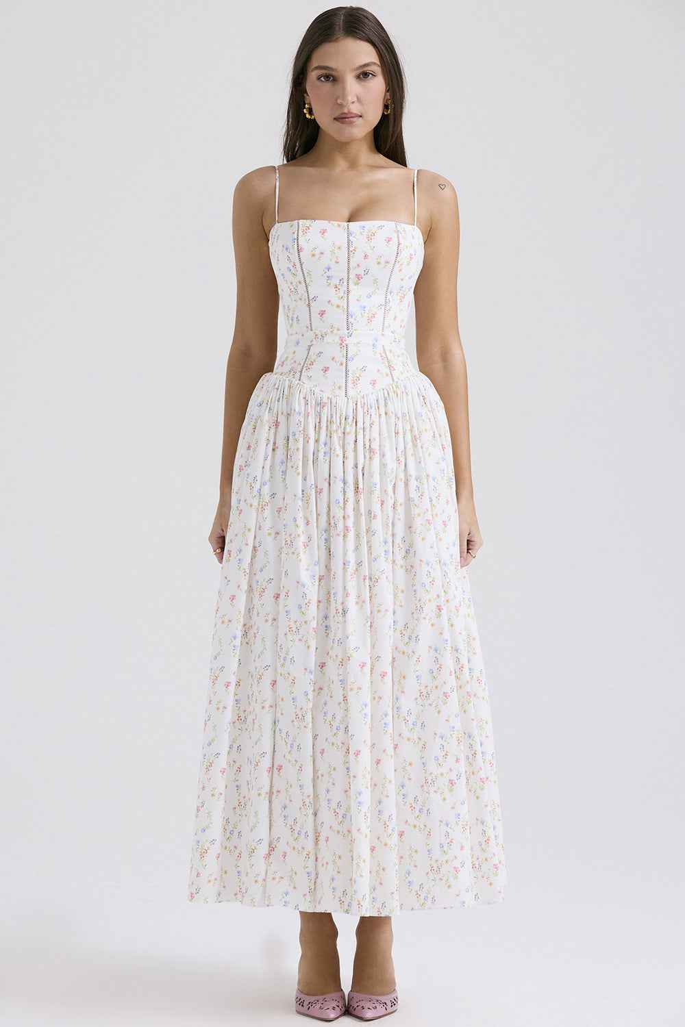 Floral Cami Maxi Dress - Cinched Waist A-Line Spaghetti Strap