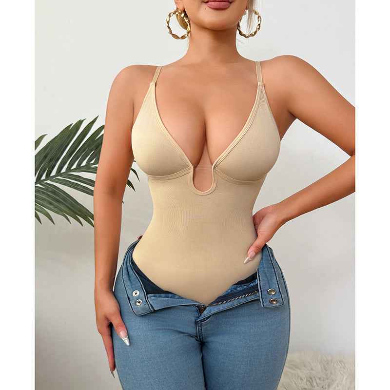 Deep V-Neck Thong Bodysuit - Tummy Control Shapewear