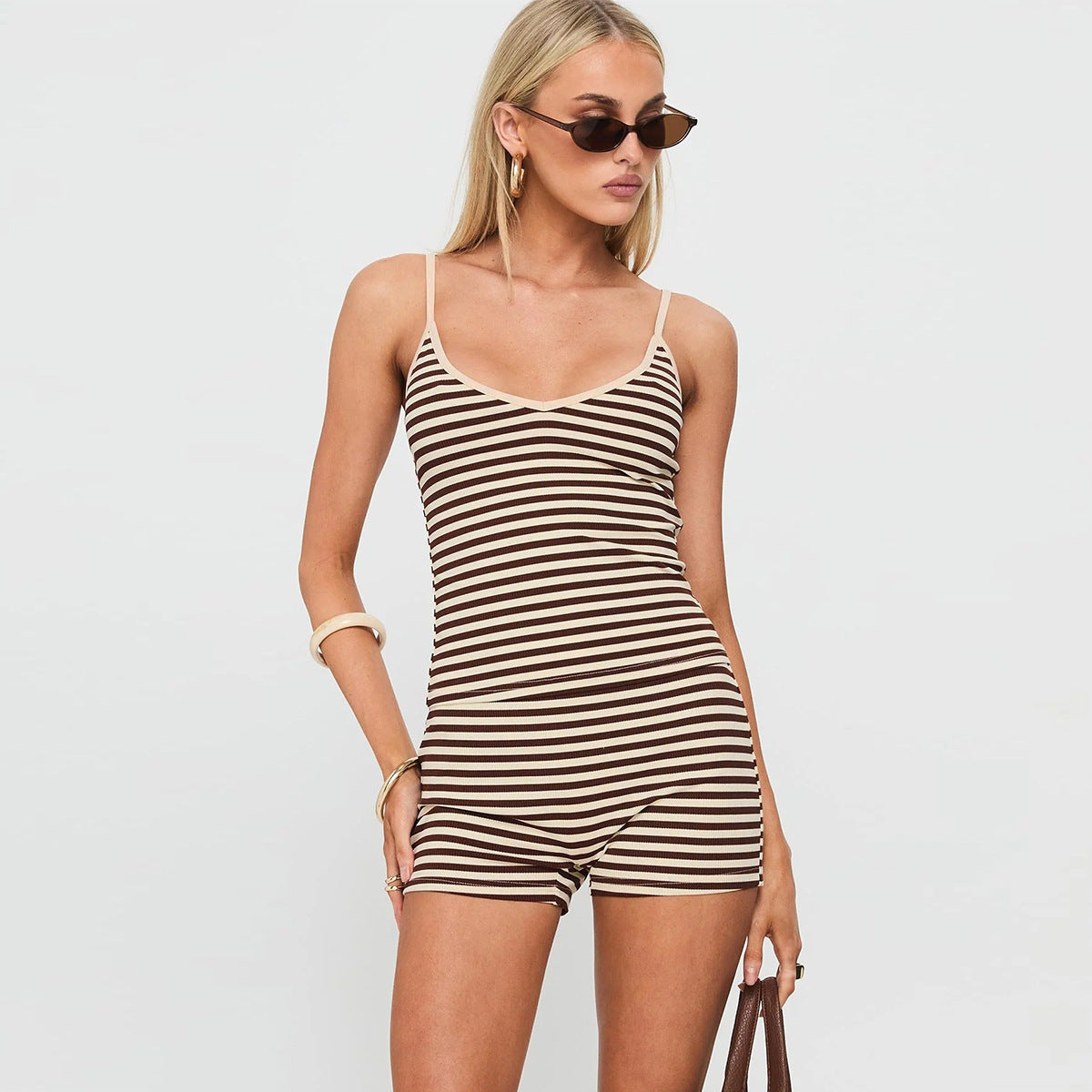 Slim Fit striped Halter Mini Shorts Set