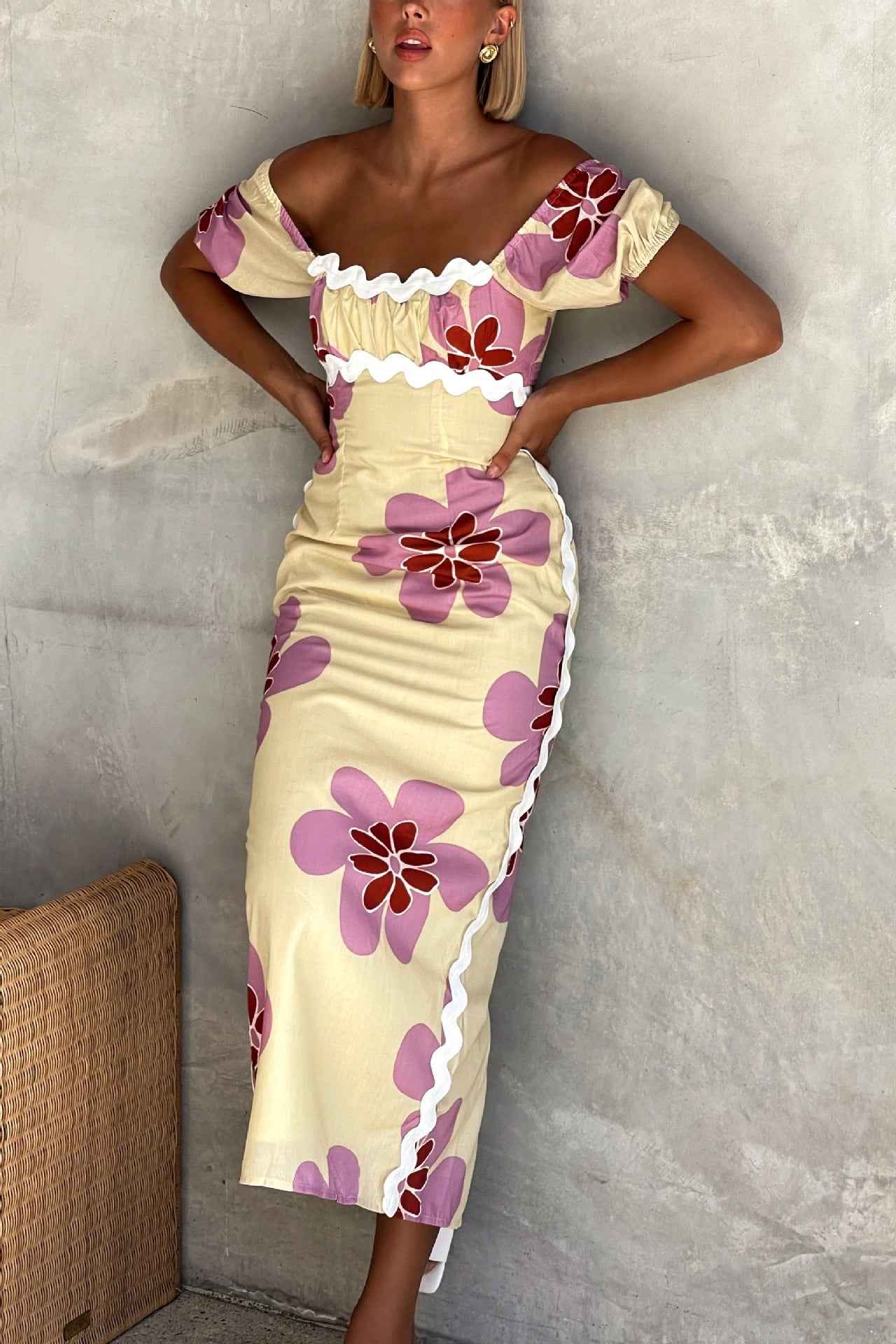 Floral Print Midi Dress - Short Sleeve Front Slit Style