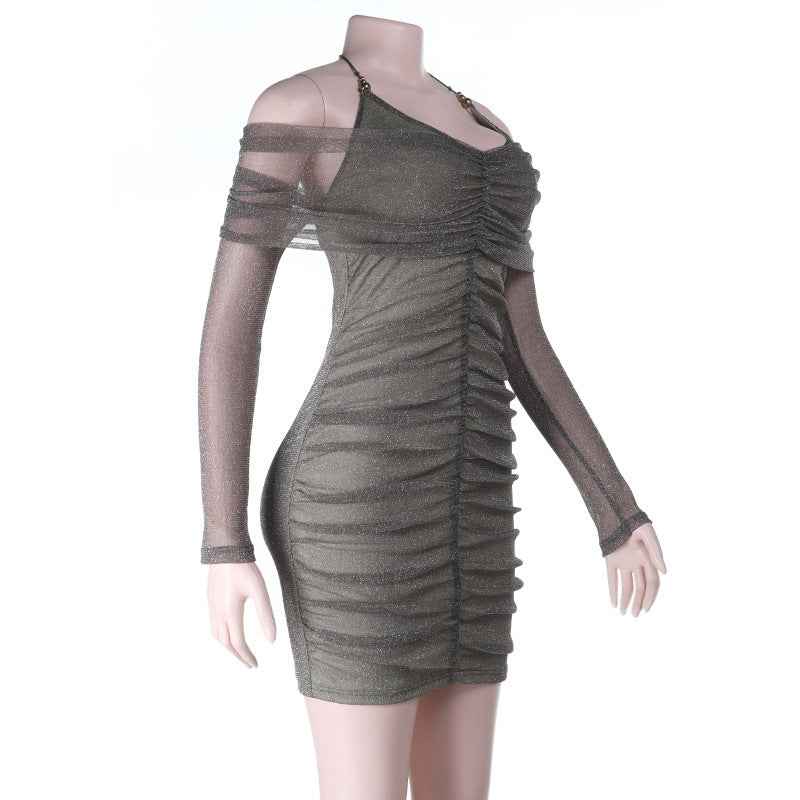 Sexy Sequin Pleated Mini - Off-Shoulder Tied Bodycon Dress