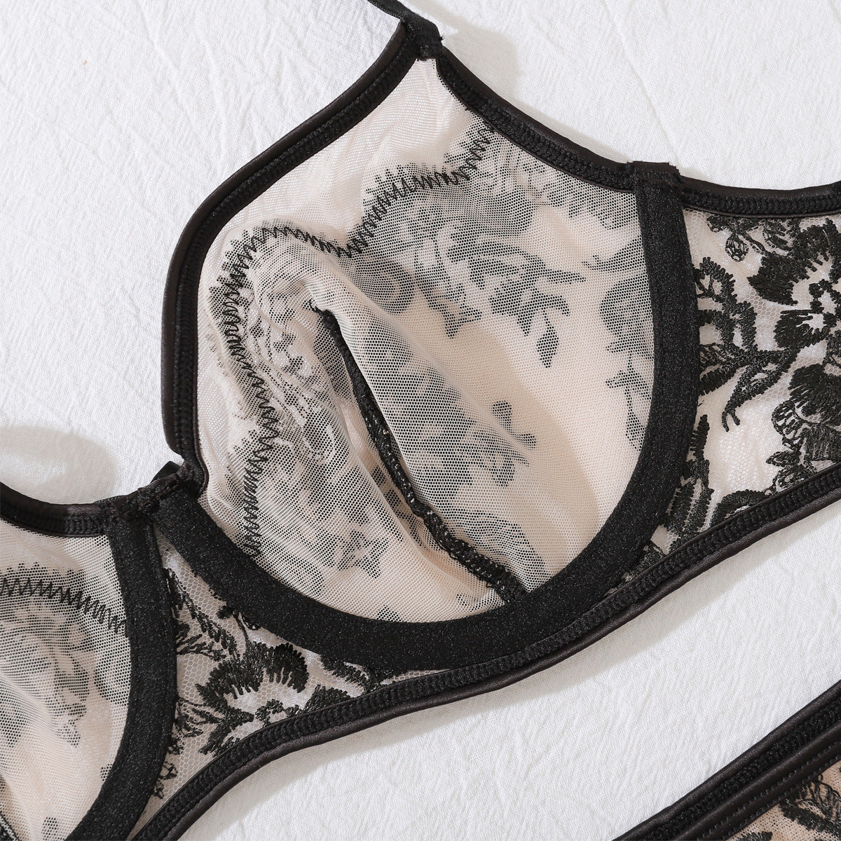 Sheer Lingerie Set - Embroidered Mesh Bra