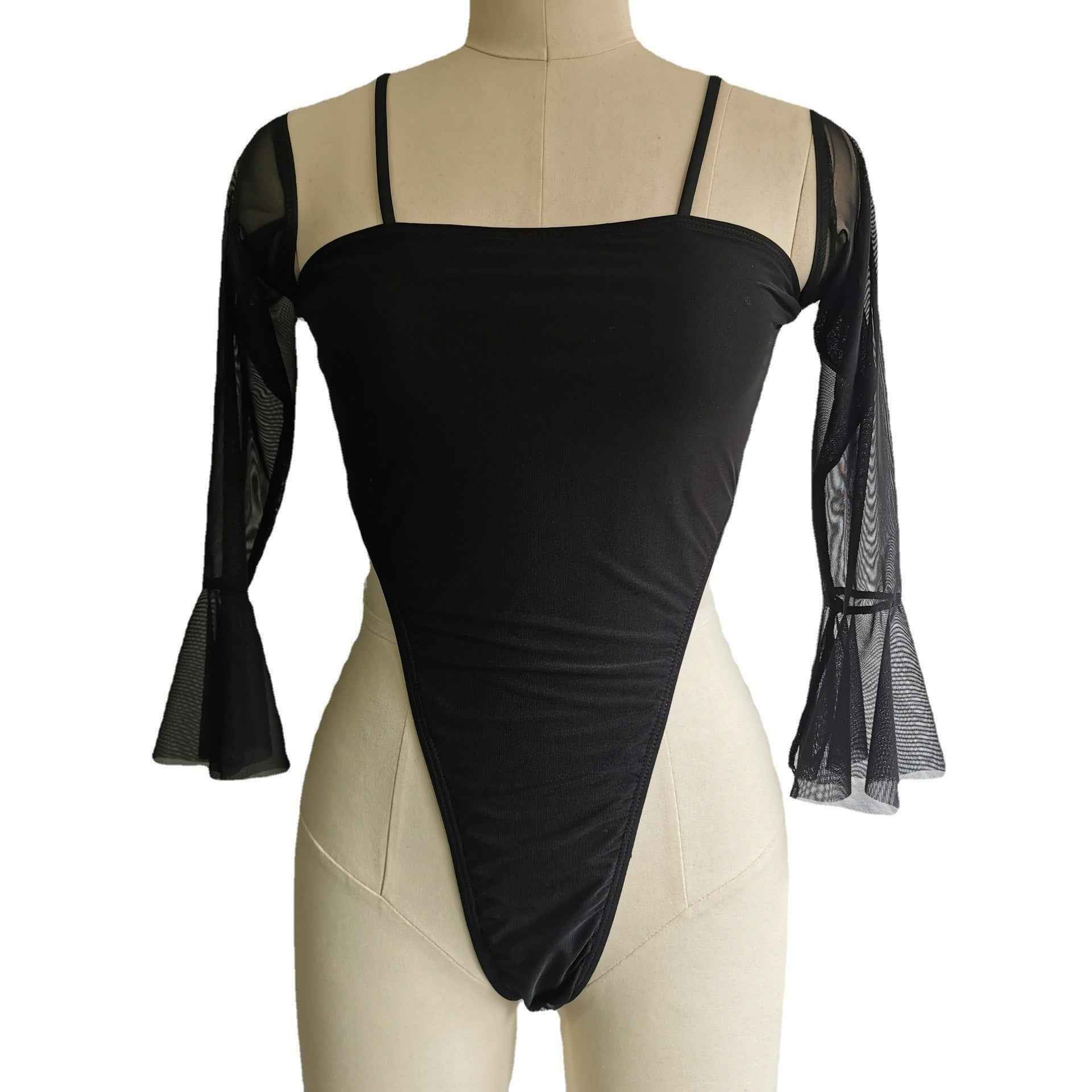Sheer Mesh Long Sleeve Bodysuit - See Through Fitted