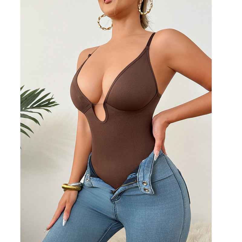 Deep V-Neck Thong Bodysuit - Tummy Control Shapewear