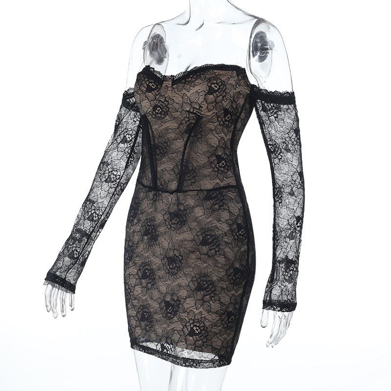 Sweetheart Neck Lace Dress - Long Sleeve Bodycon Mini - Fashions Envy