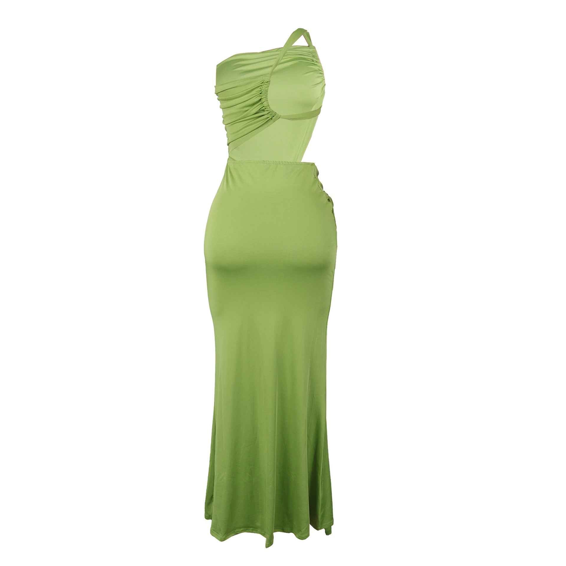 One Shoulder Cutout Maxi Dress - Pleated Bodycon Fit