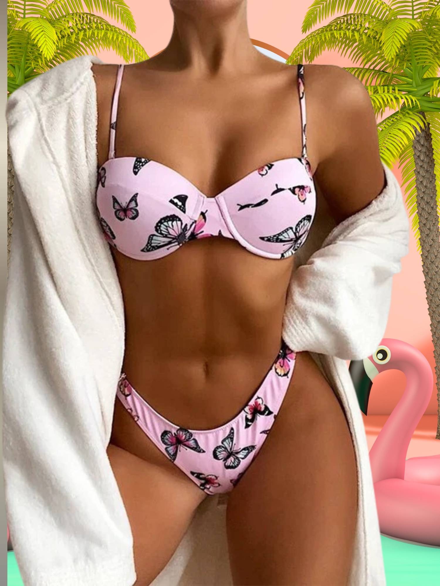 V-Cut Butterfly Print Bikini - Halter Swimsuit Set