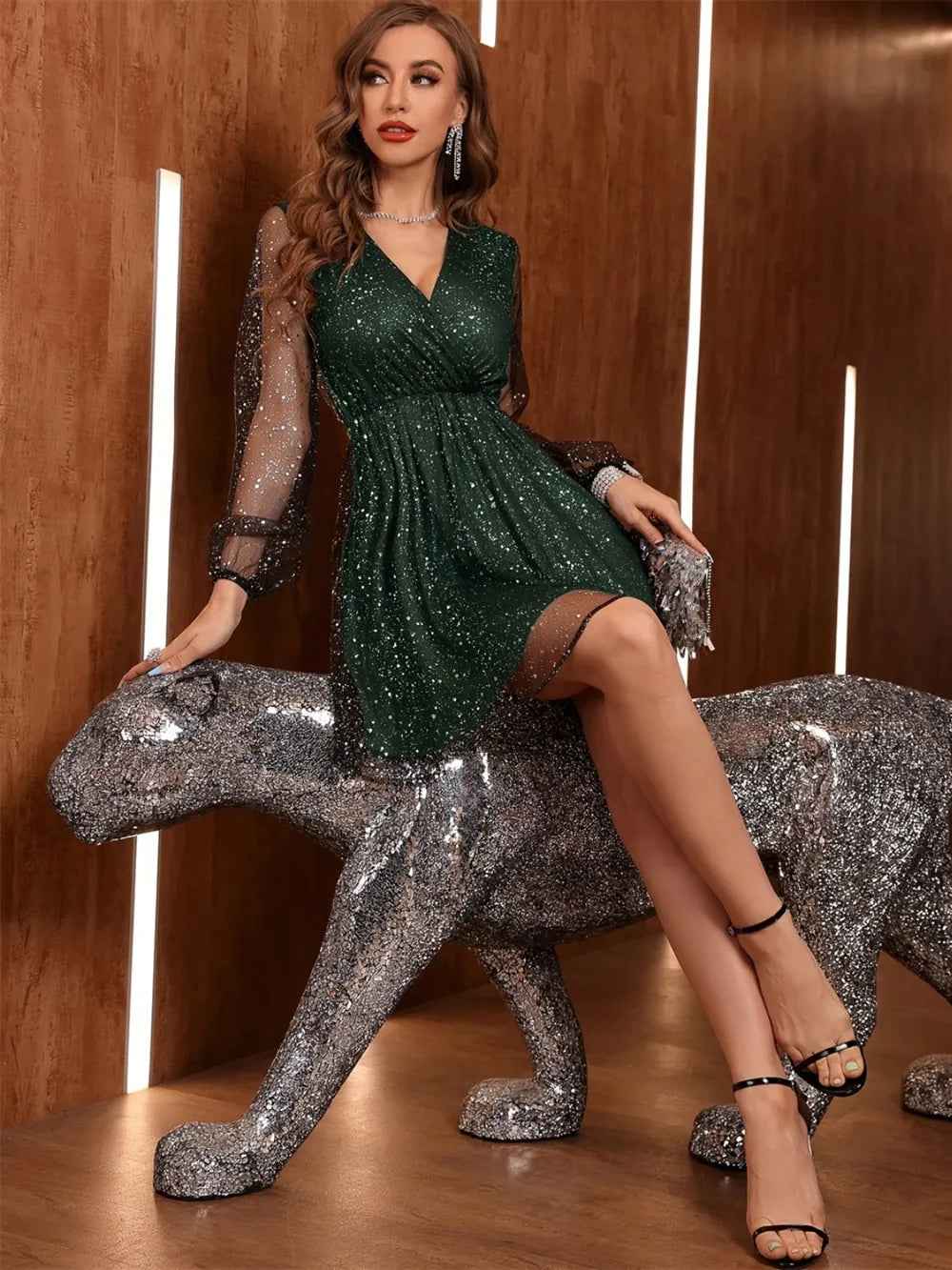 Dark Green Glitter Mini Dress - Surplice Long Sleeve