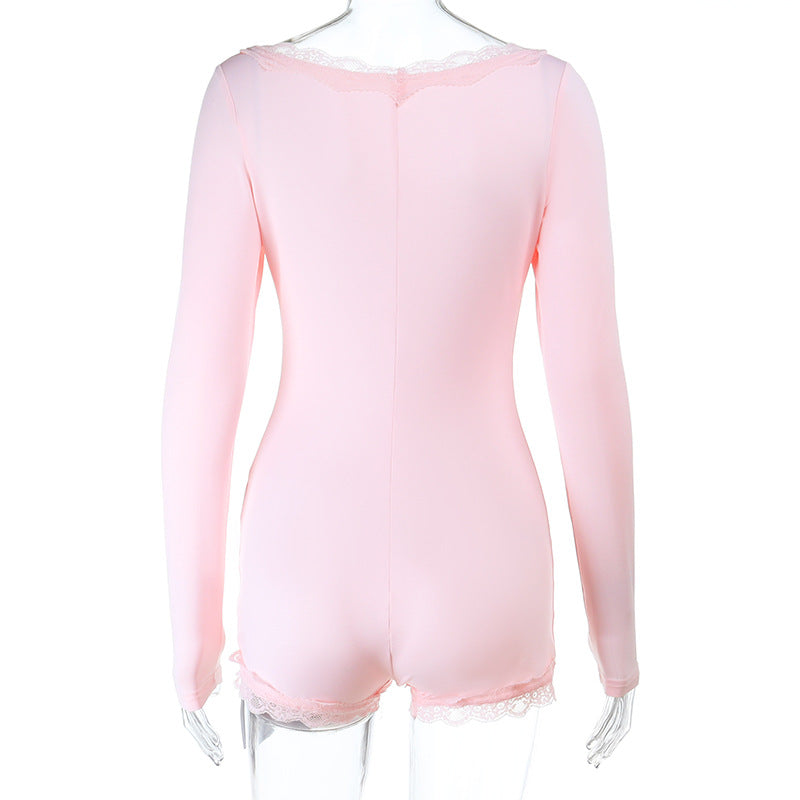 Lace Trim Romper - Long Sleeve Casual Shorts Style