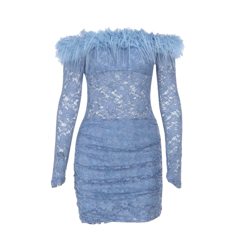 Off Shoulder Lace Dress - Blue Bodycon Mini - Fashions Envy