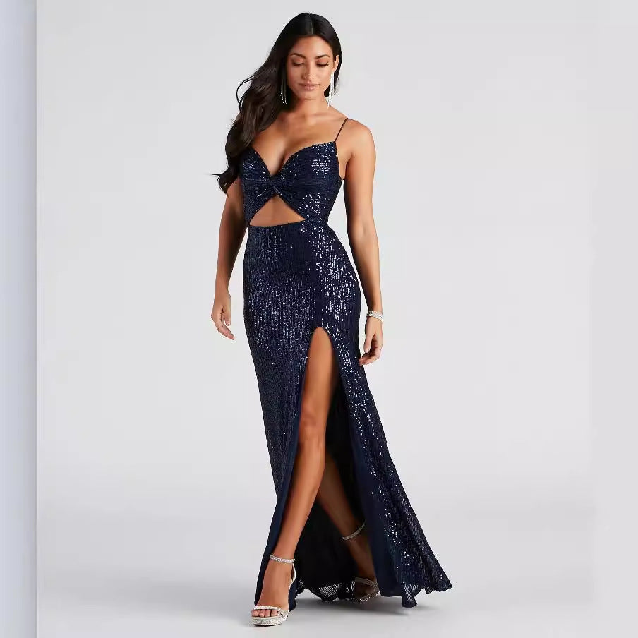 Blue Hollow Out Maxi Dress - Sleeveless Cutout Waist