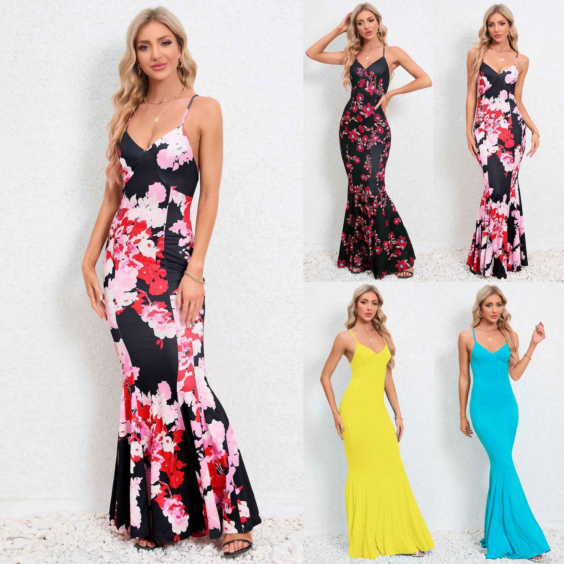 Floral Spaghetti Strap Maxi Dress - V-Neck Flowy Sleeveless