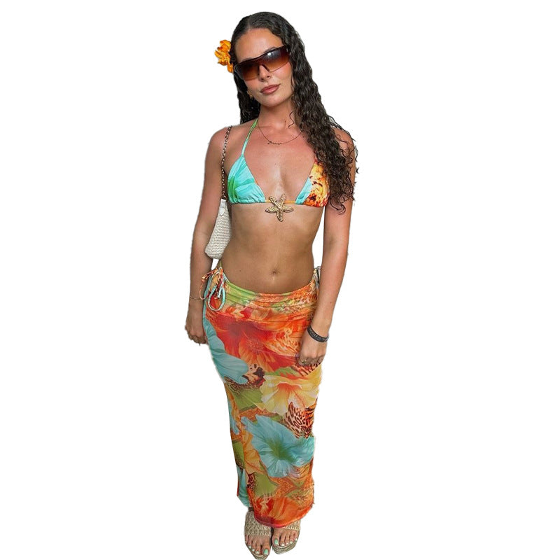 Three Piece Bikini Set - Tie Print Cover Up Beach - Fashions Envy