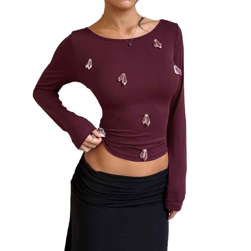 Rhinestone Long Sleeve Top - Burgundy Slim Fit Knit