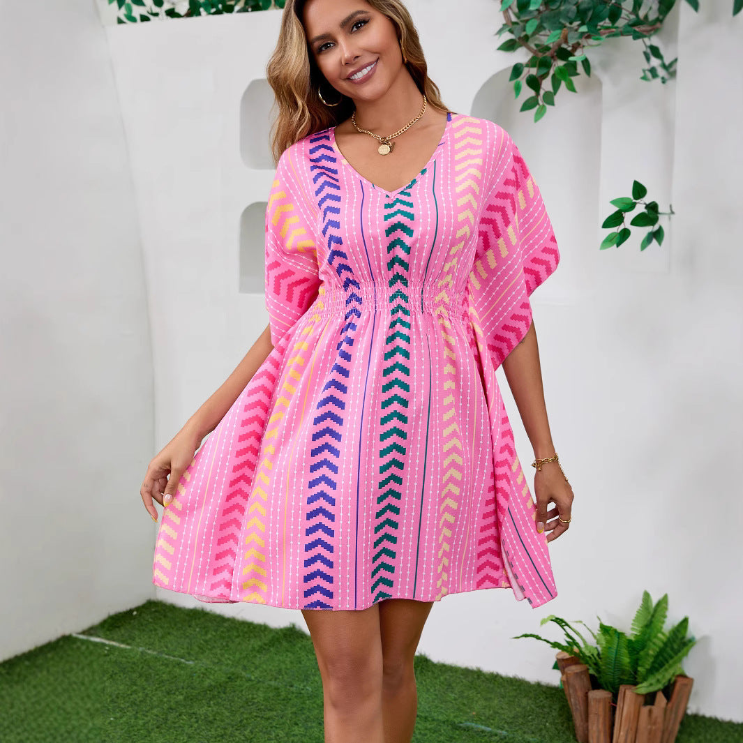 Printed Dress V-Neck Kaftan - Bohemian Vacation Style