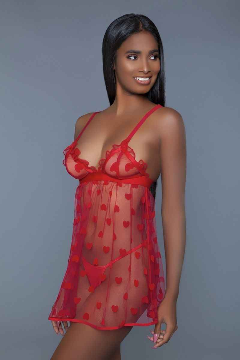 Red Fine Mesh 1 Piece Heart Designed Slip Dress