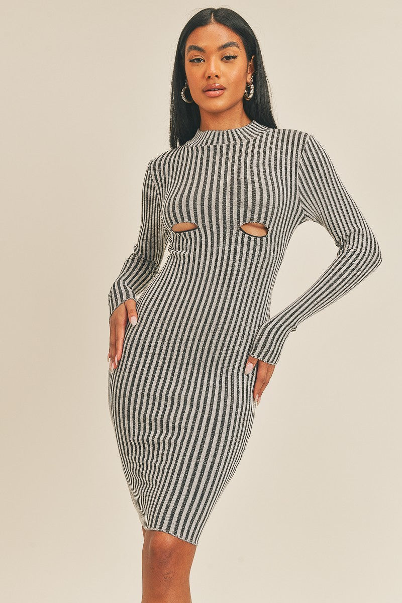 Black/White Peek-a-Boo Long Sleeve Stripe Print Midi Dress