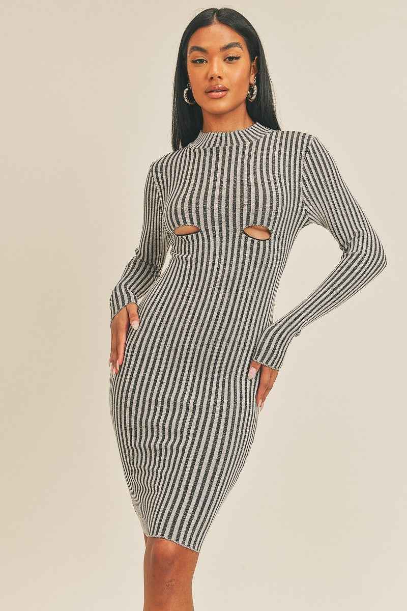Black/White Peek-a-Boo Long Sleeve Stripe Print Midi Dress