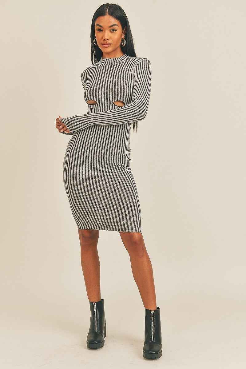 Black/White Peek-a-Boo Long Sleeve Stripe Print Midi Dress