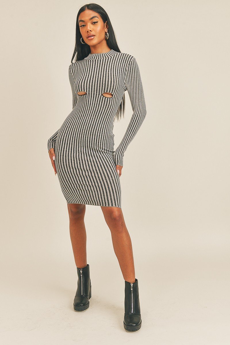 Black/White Peek-a-Boo Long Sleeve Stripe Print Midi Dress