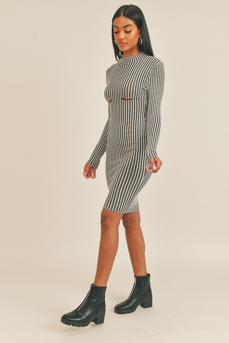 Black/White Peek-a-Boo Long Sleeve Stripe Print Midi Dress