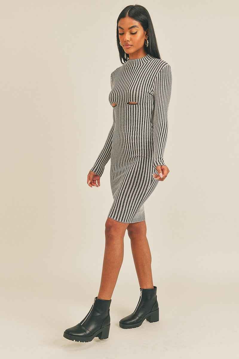 Black/White Peek-a-Boo Long Sleeve Stripe Print Midi Dress