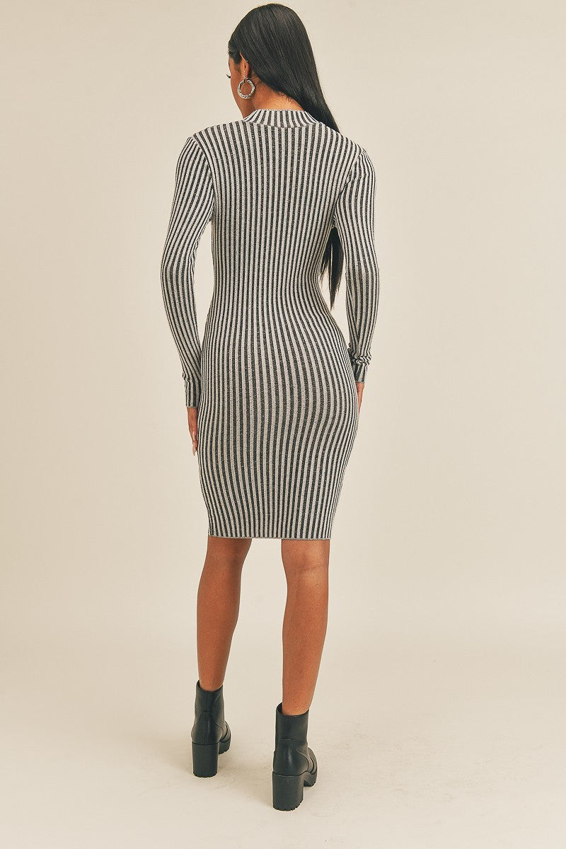 Black/White Peek-a-Boo Long Sleeve Stripe Print Midi Dress