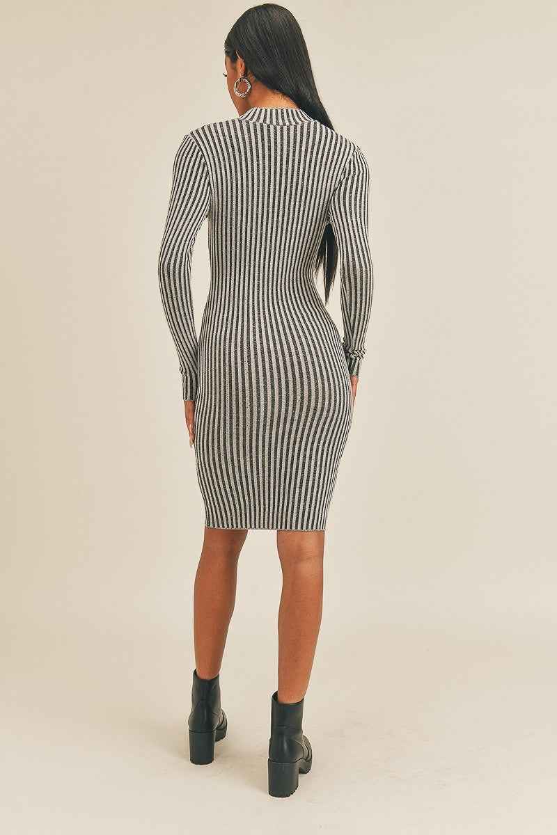 Black/White Peek-a-Boo Long Sleeve Stripe Print Midi Dress