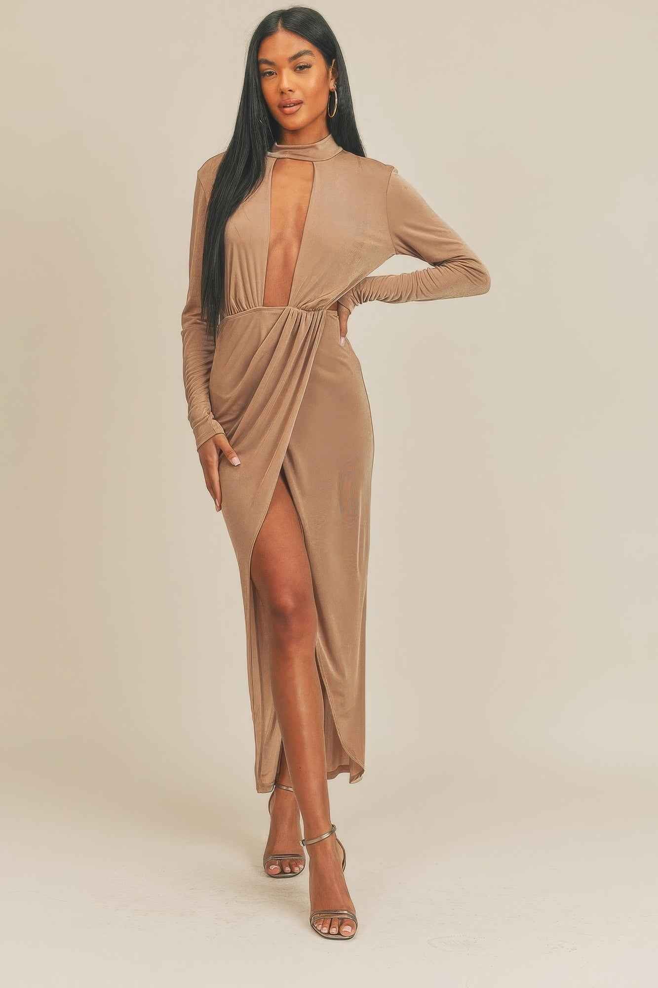 Pecan Brown Open Front Midi Dress