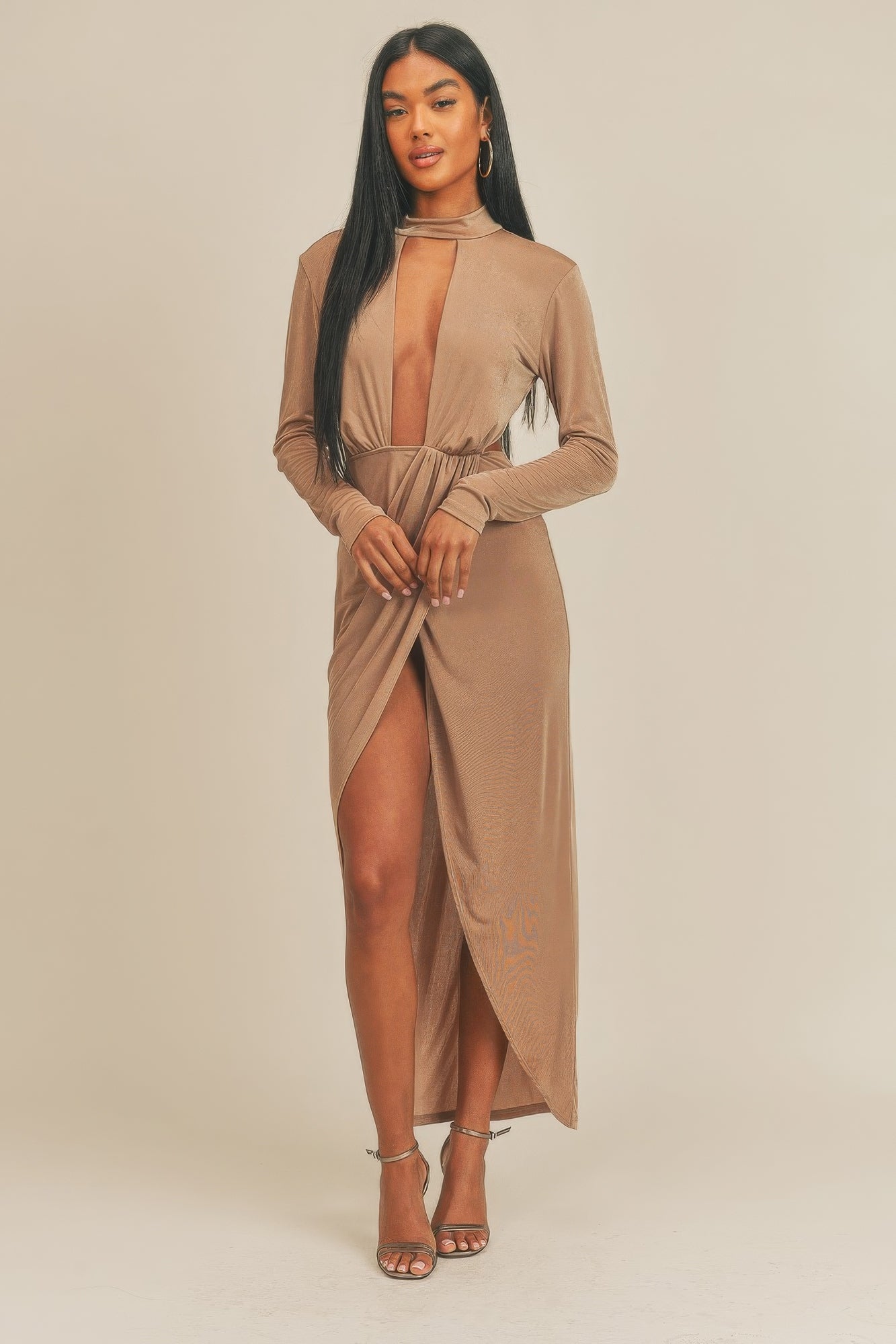 Pecan Brown Open Front Midi Dress