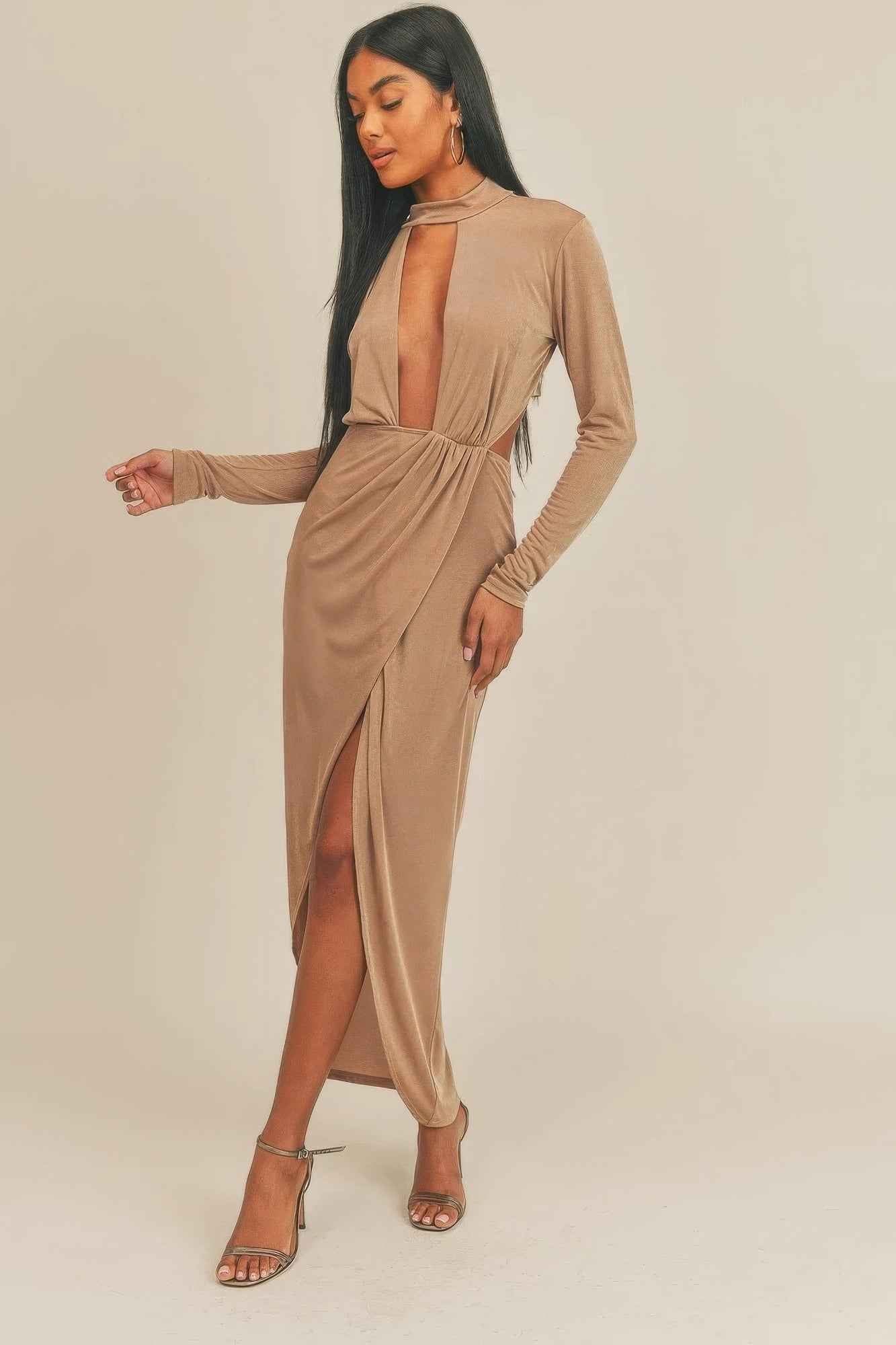 Pecan Brown Open Front Midi Dress