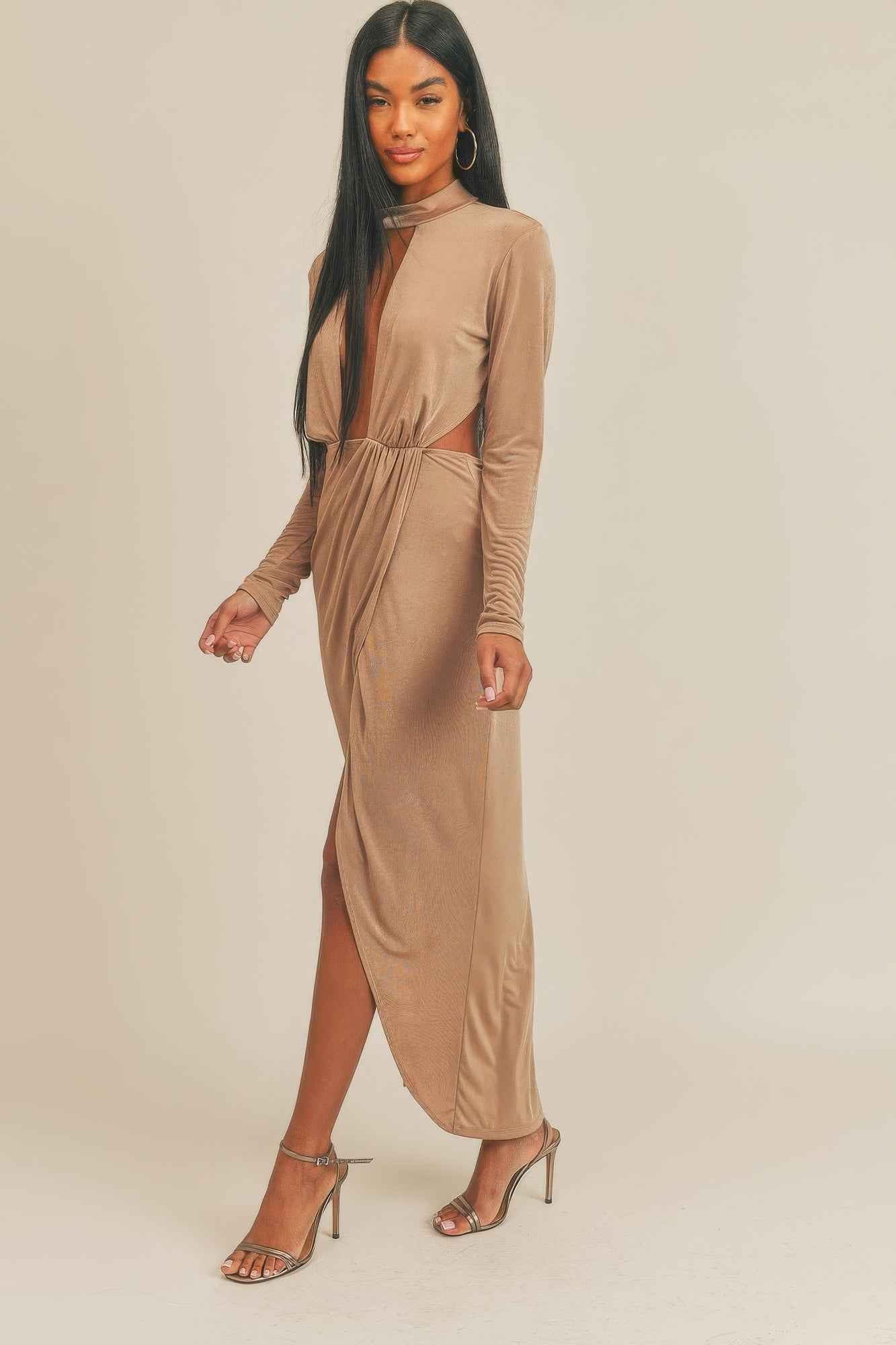 Pecan Brown Open Front Midi Dress
