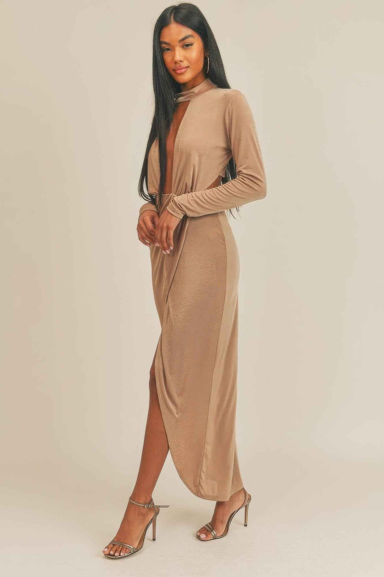 Pecan Brown Open Front Midi Dress