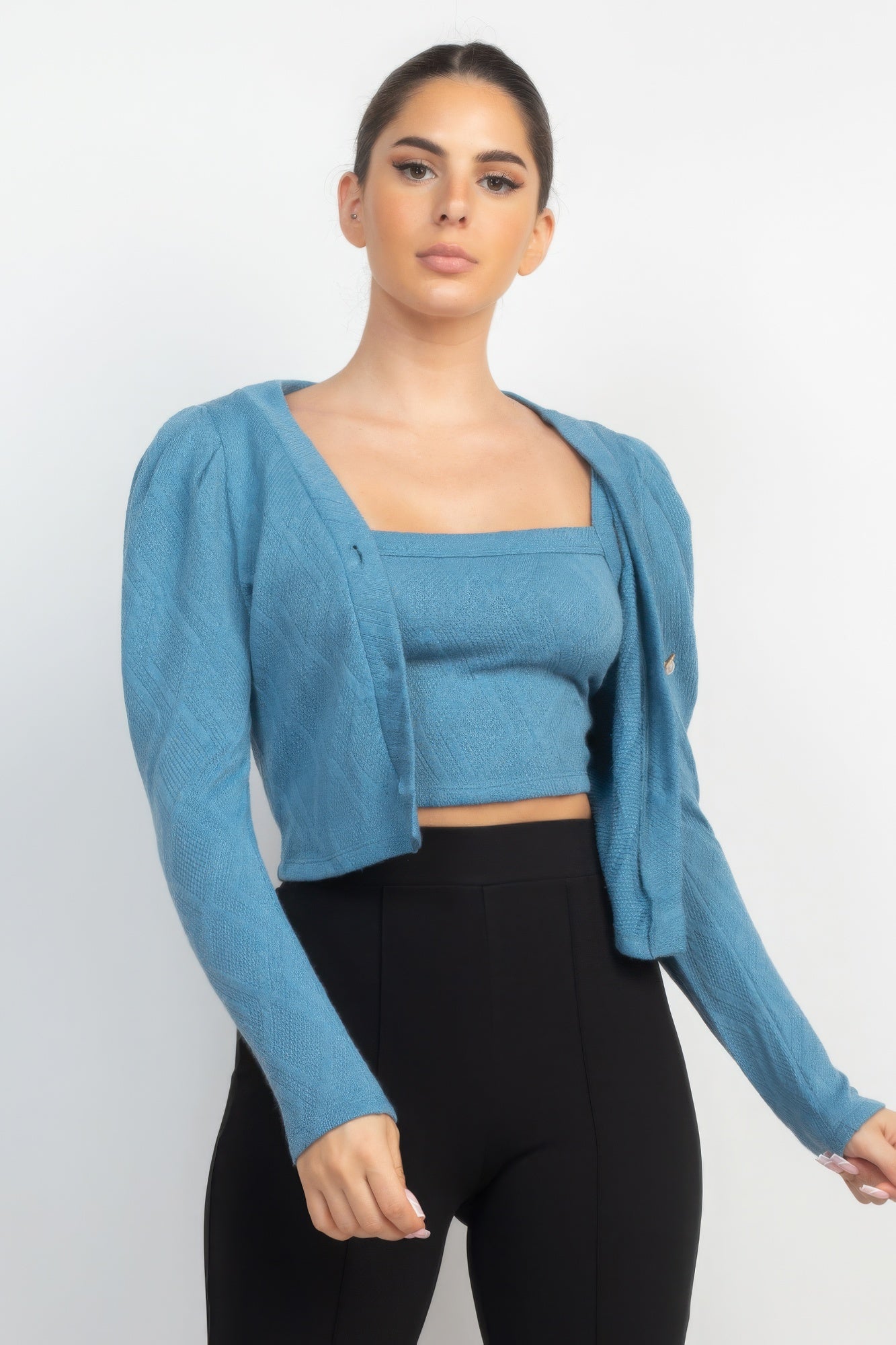 Denim Geometric Cami Puff Sleeves Blazer Top Set