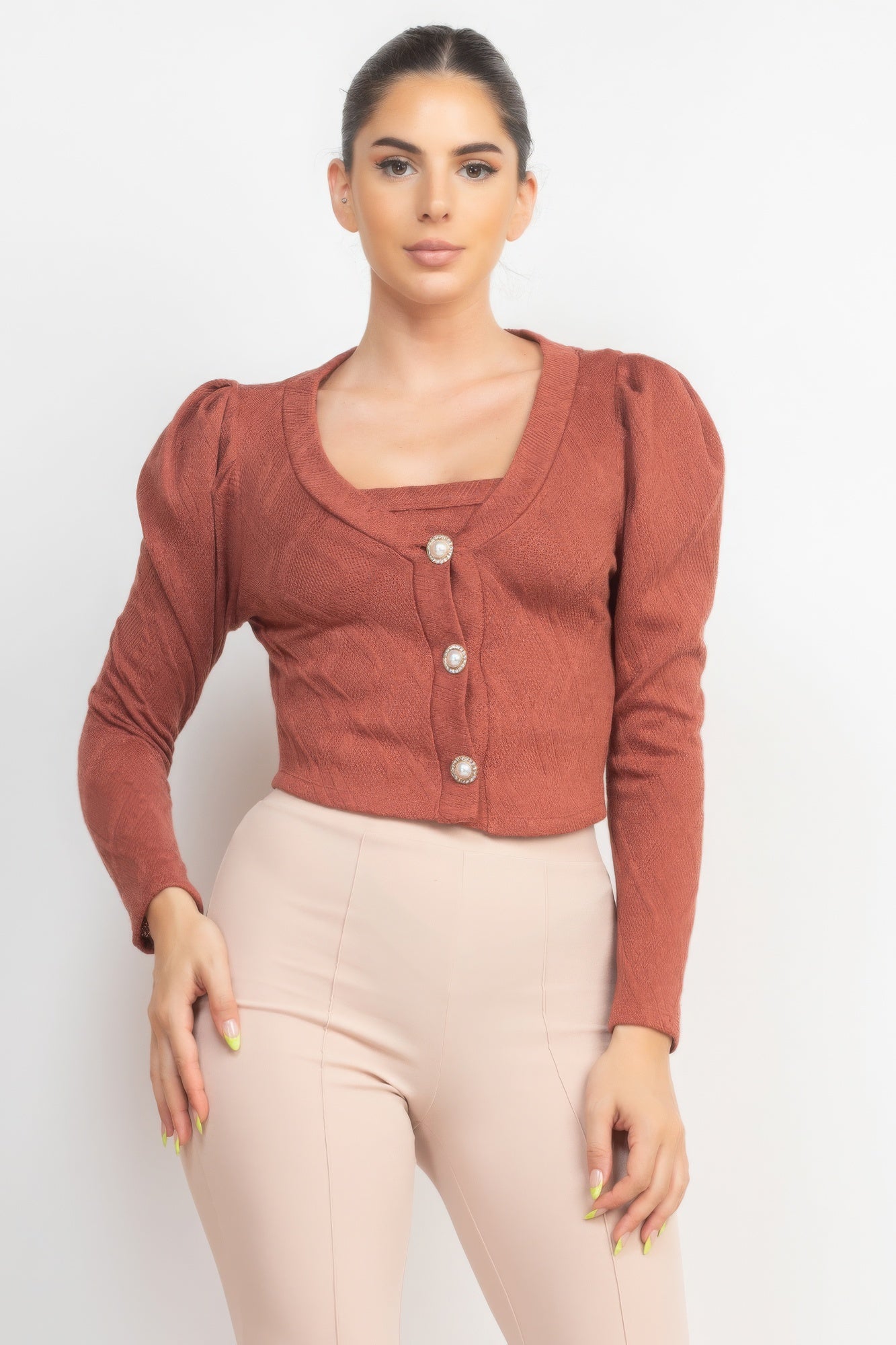Smoky Mauve Geometric Cami Puff Sleeves Blazer Top Set