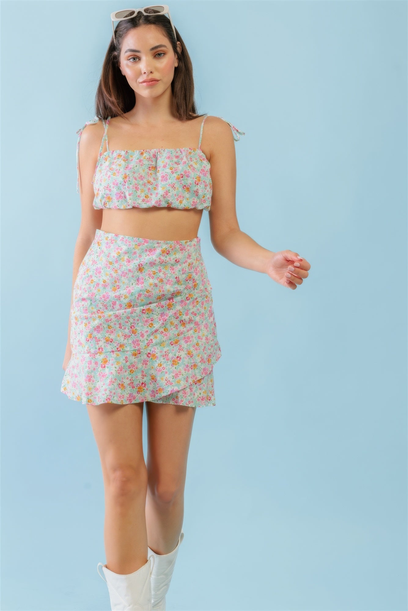 Mint Fuchsia Print Sleeveless Strappy Crop Top & High Waist Wrap Hem Mini Skirt Set