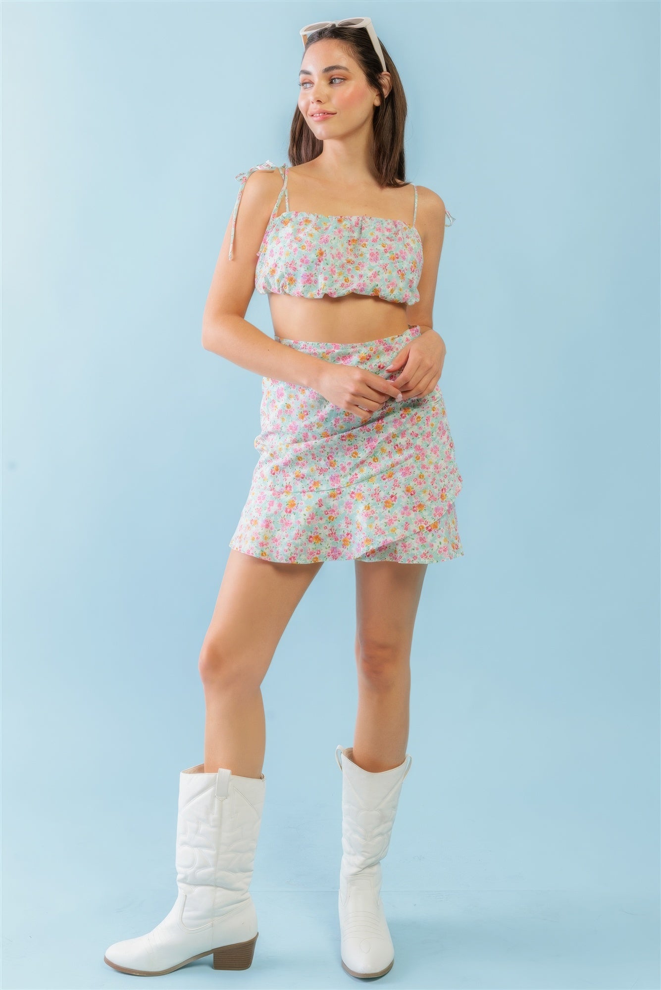 Mint Fuchsia Print Sleeveless Strappy Crop Top & High Waist Wrap Hem Mini Skirt Set