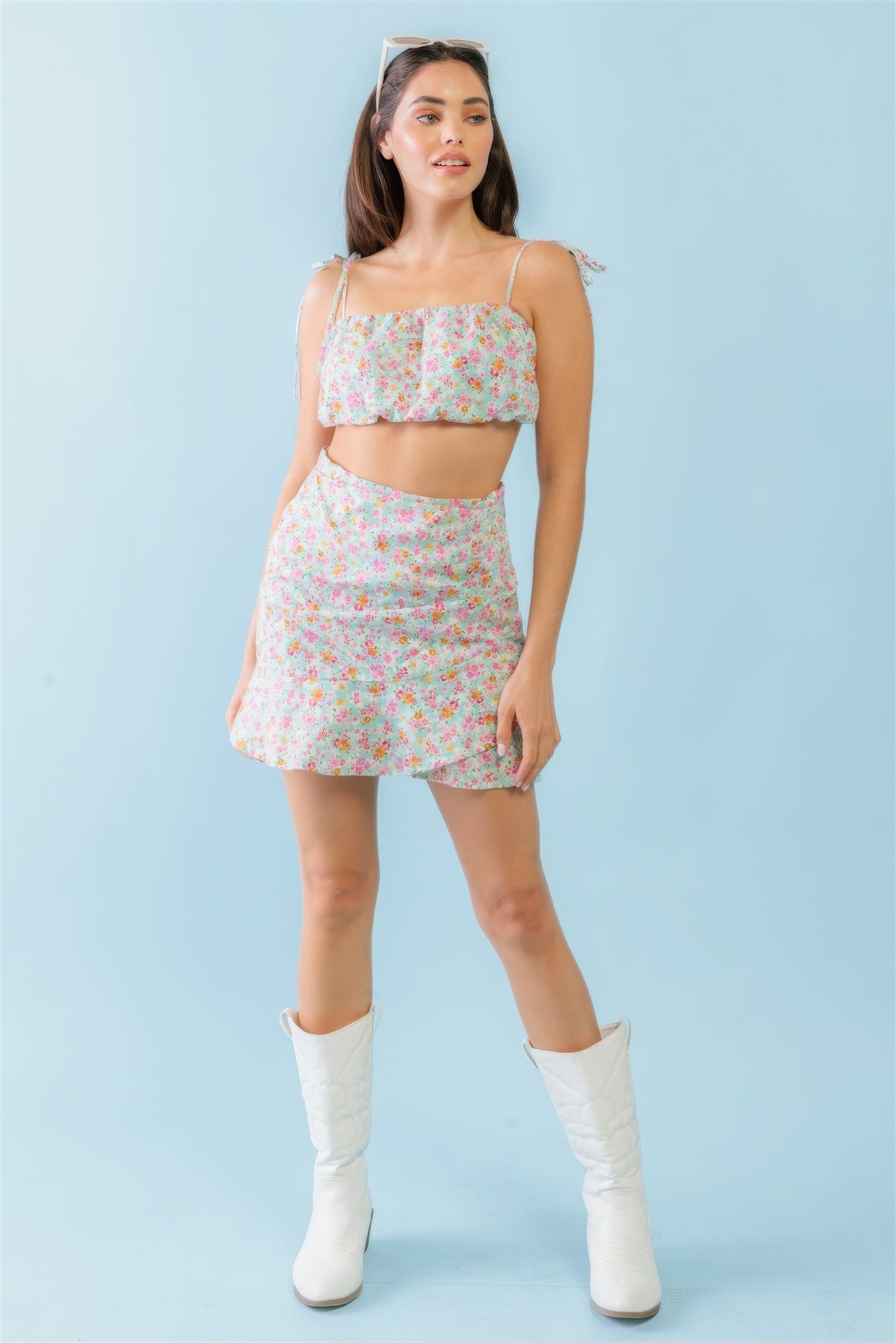 Mint Fuchsia Print Sleeveless Strappy Crop Top & High Waist Wrap Hem Mini Skirt Set