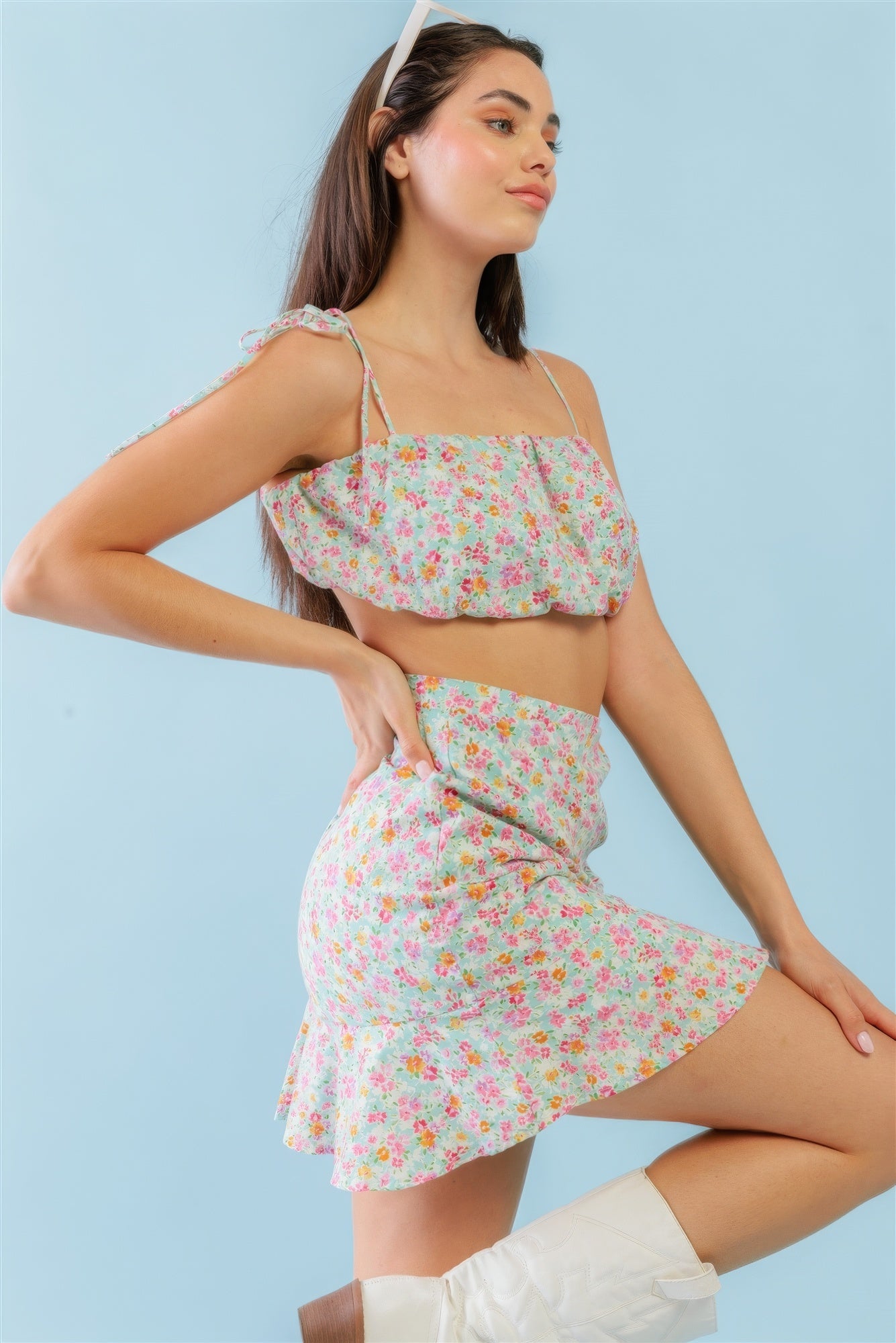 Mint Fuchsia Print Sleeveless Strappy Crop Top & High Waist Wrap Hem Mini Skirt Set