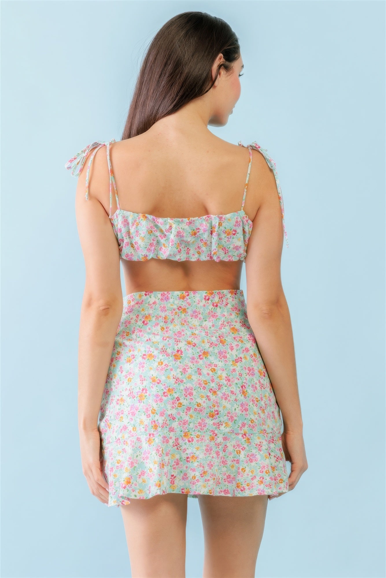 Mint Fuchsia Print Sleeveless Strappy Crop Top & High Waist Wrap Hem Mini Skirt Set