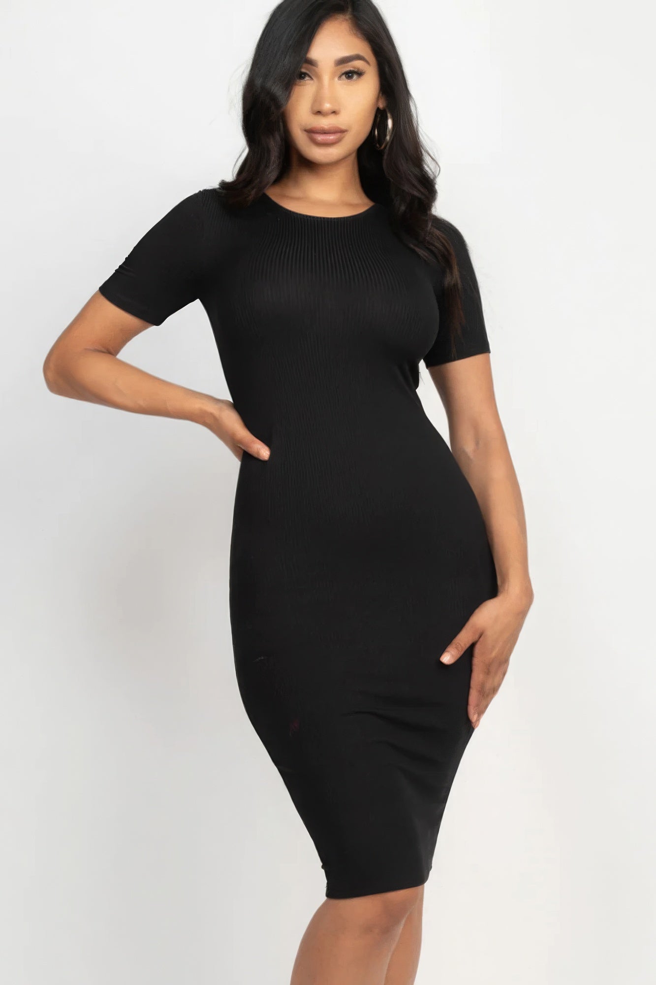 Ribbed Fitted Bodycon Casual Midi Dress