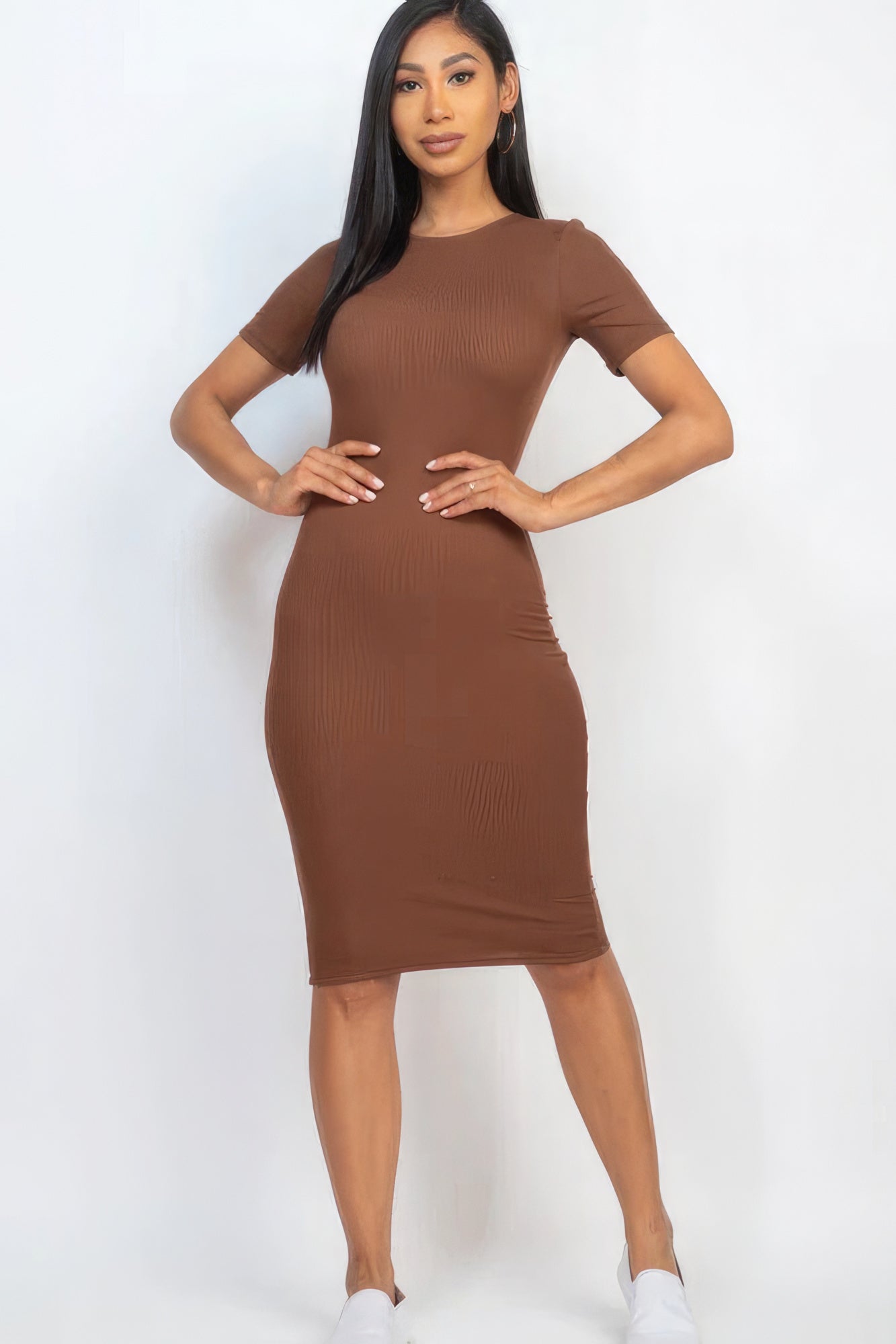 Ribbed Fitted Bodycon Casual Midi Dress