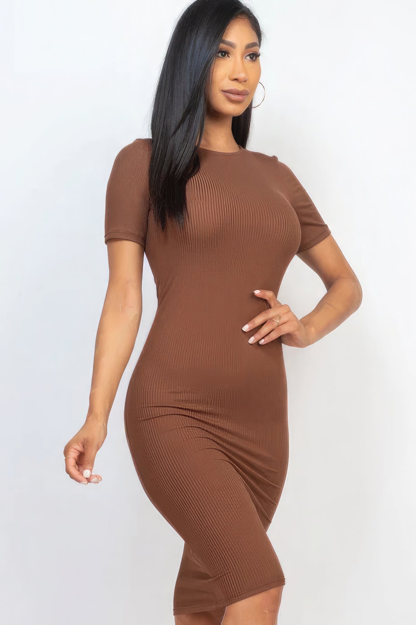 Ribbed Fitted Bodycon Casual Midi Dress