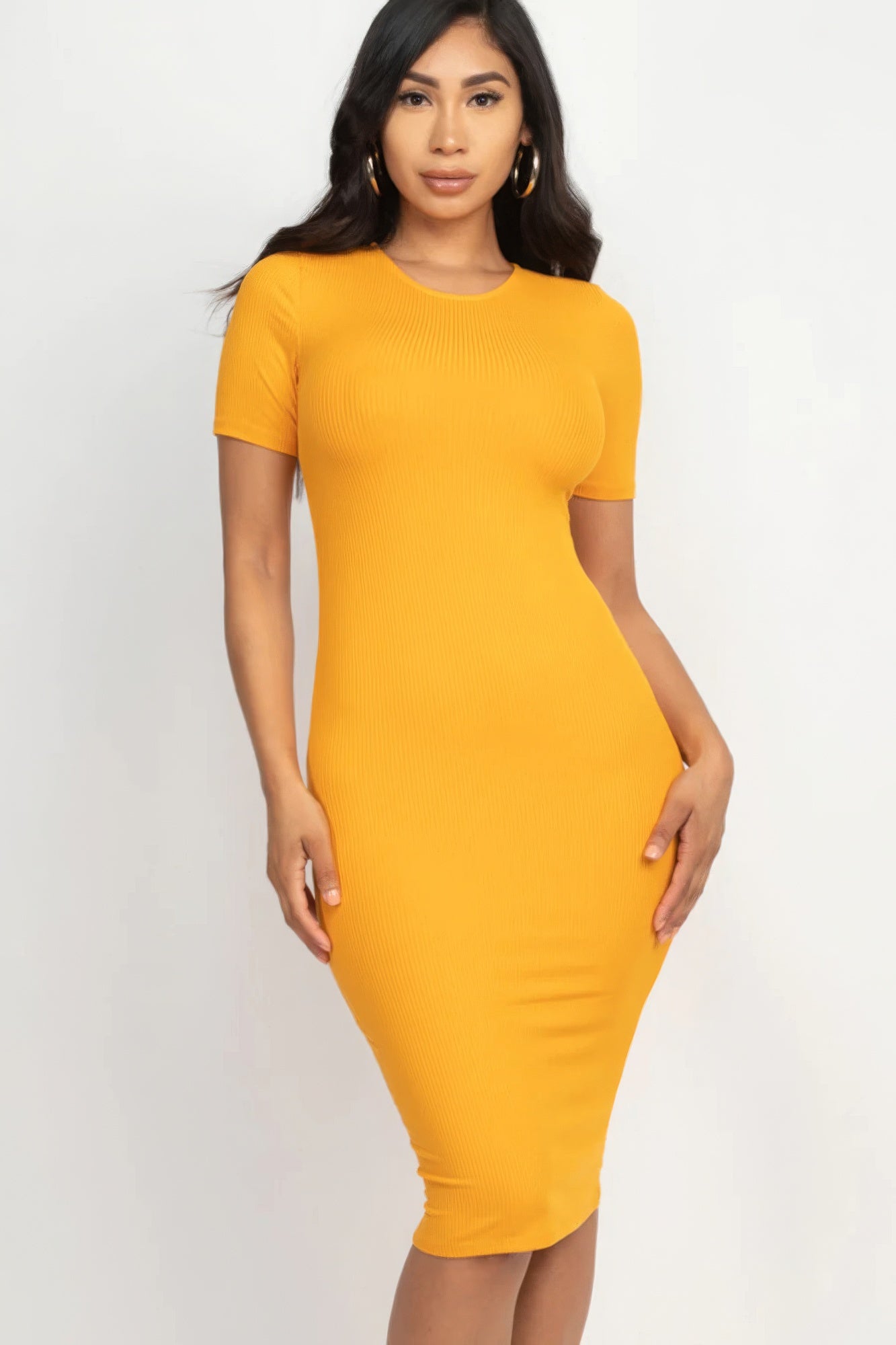 Ribbed Fitted Bodycon Casual Midi Dress