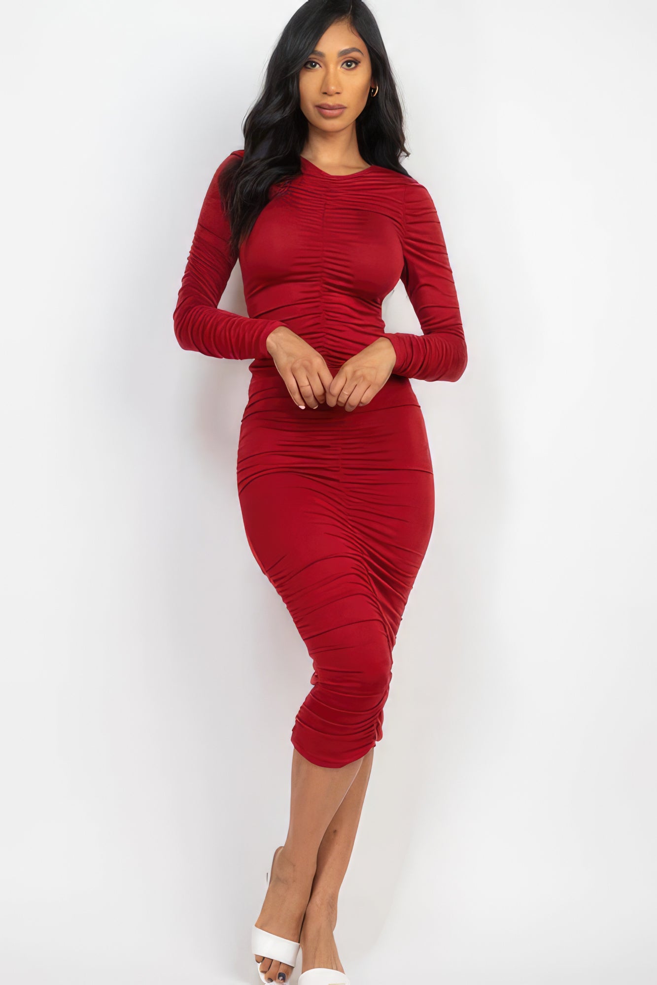 Ruched Stretch Long Sleeve Midi Dress