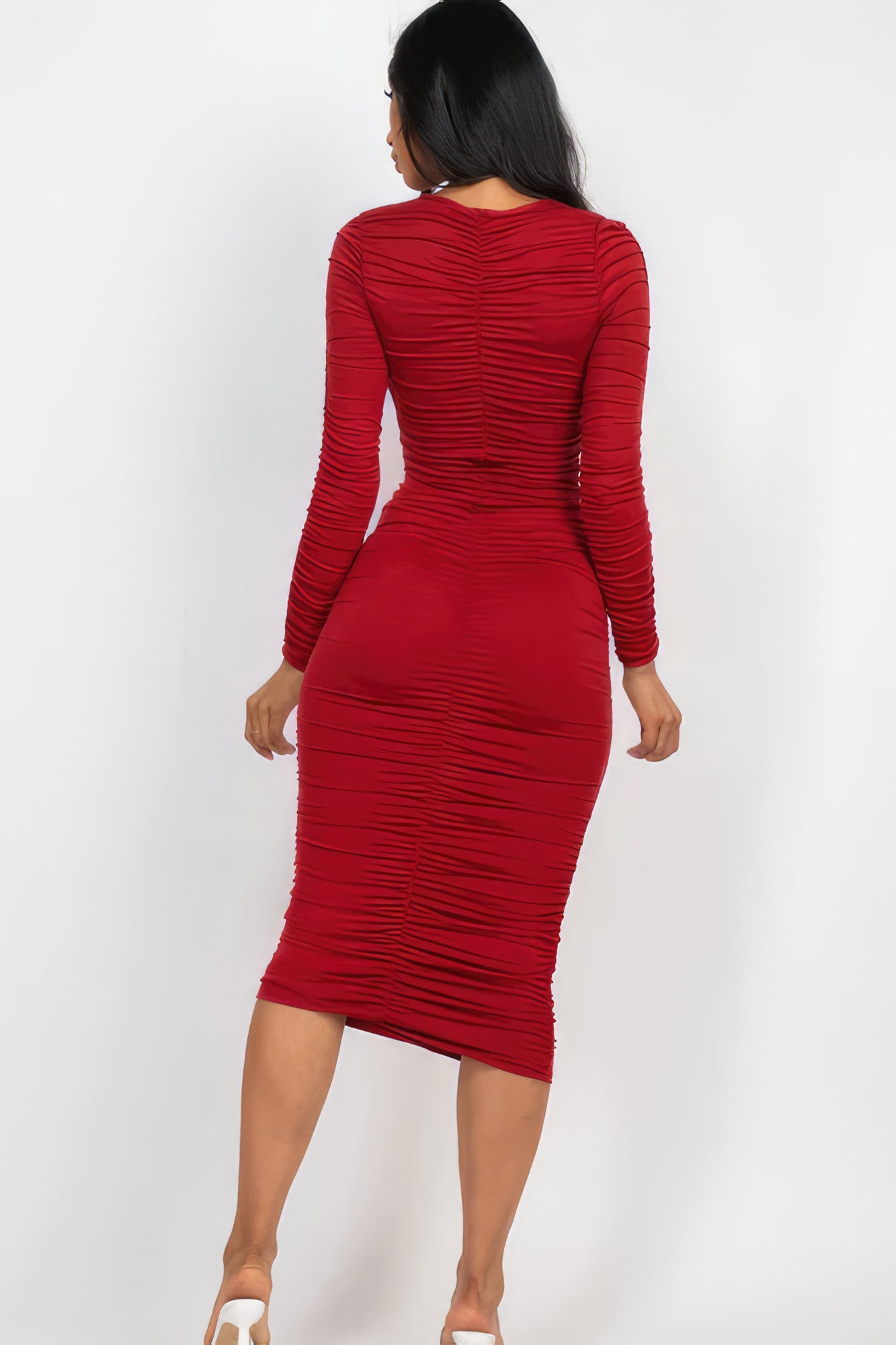 Ruched Stretch Long Sleeve Midi Dress