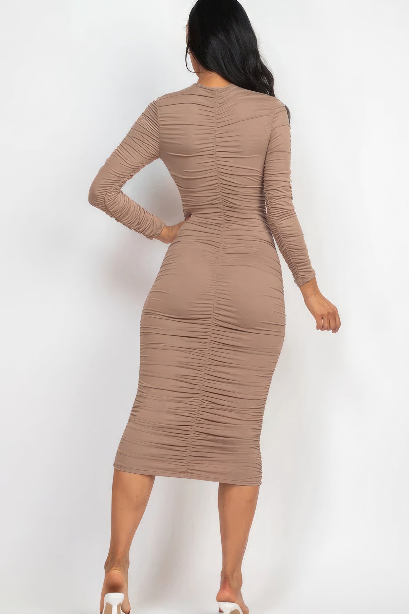 Ruched Stretch Long Sleeve Midi Dress
