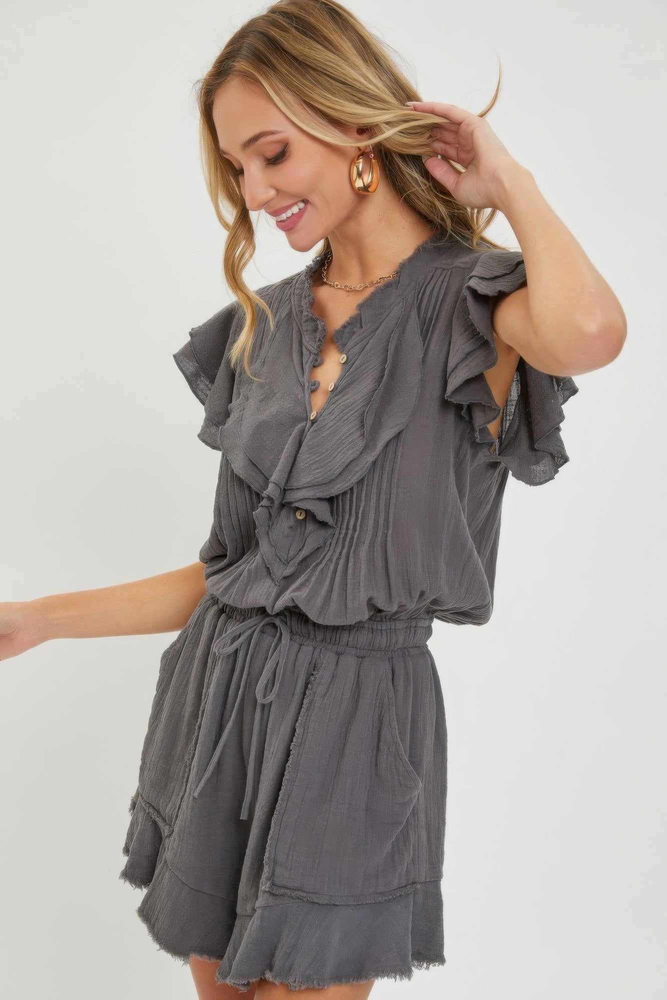 Smocked Drawstring Waistband Ruffle Romper